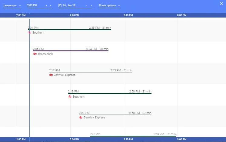 image showing train schedule to Gatwick